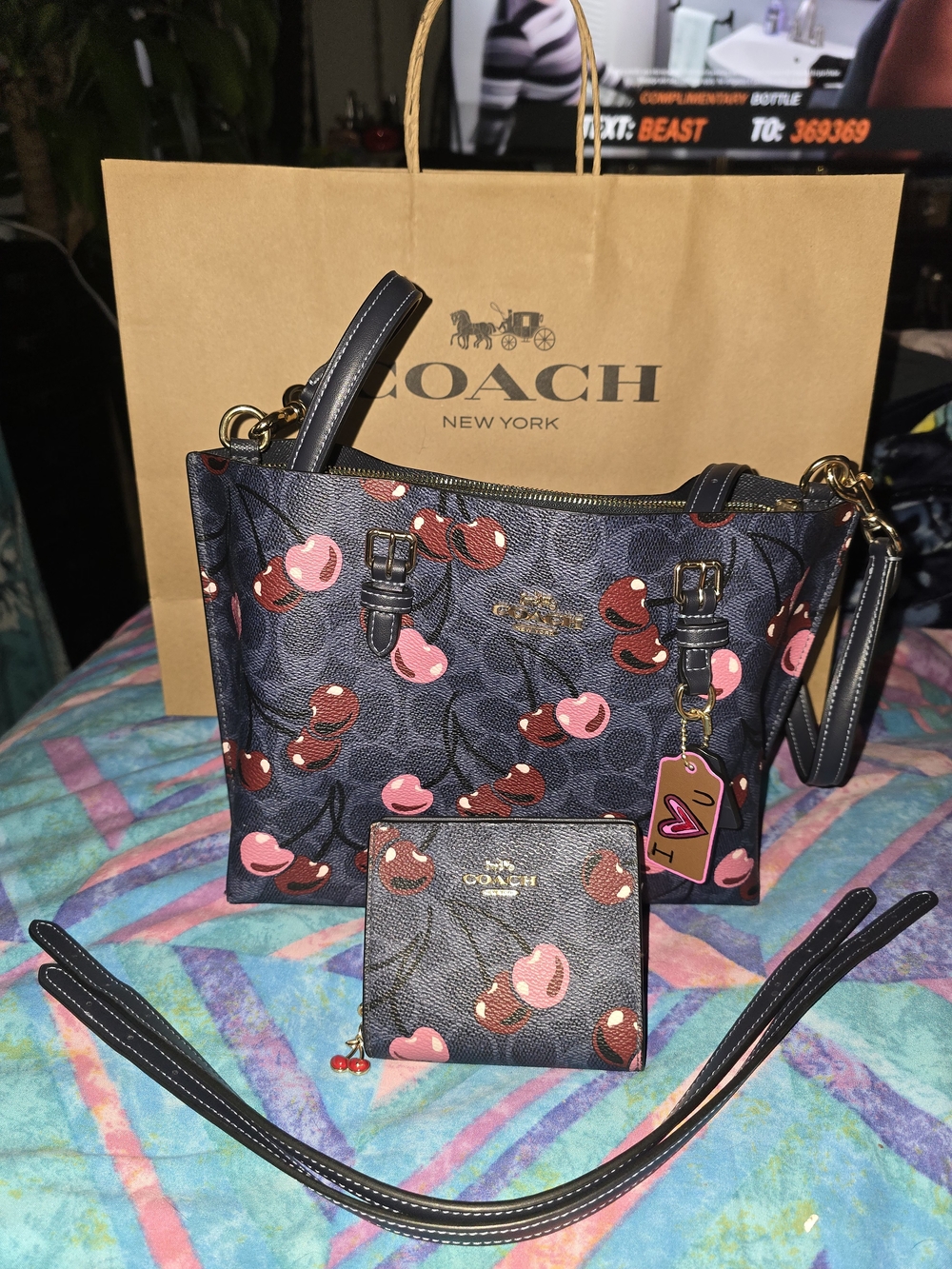 COACH Women's Cherry Print Black Shoulder Bag And Matching Wallet